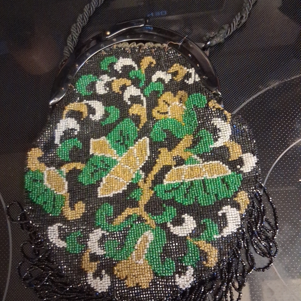 Embroidered Black and Green Beaded Handbag